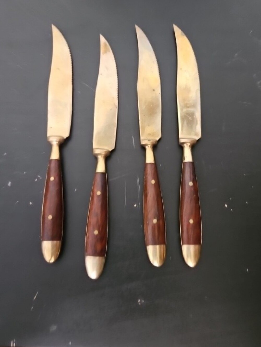 Vintage Set of 4 Thailand Siam Rosewood Riveted Handled Bronze Dinner Knives